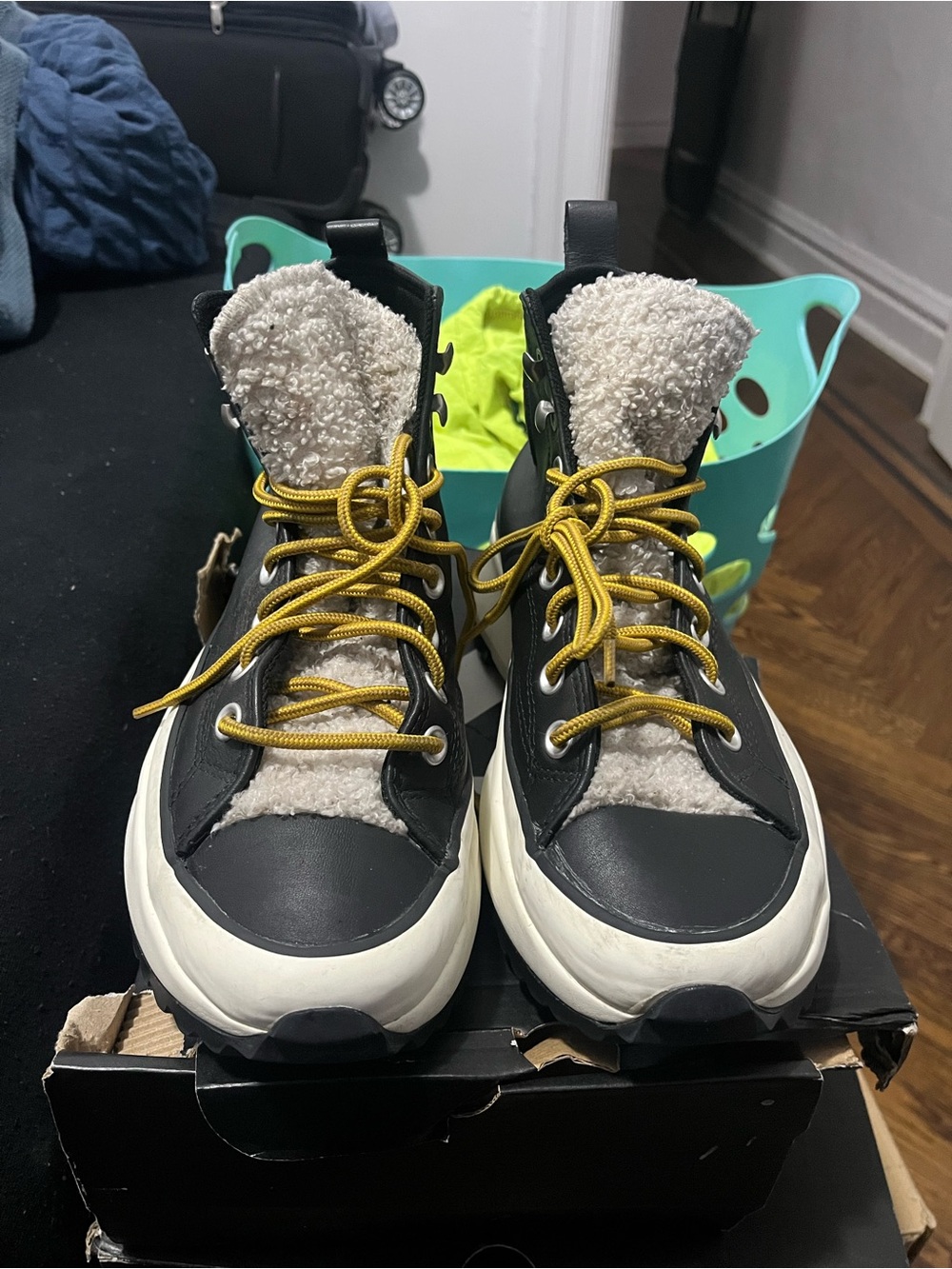 Women’s Black and Cream Sherpa High-Top Sneakers with Yellow Laces